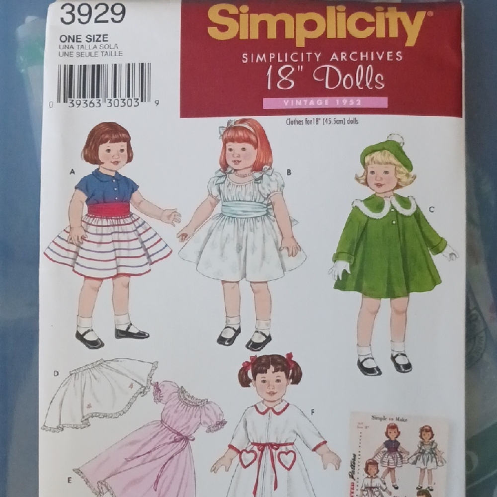 Simplicity Archive 18" Dolls Pattern #3929 - Classic Vintage Fashions